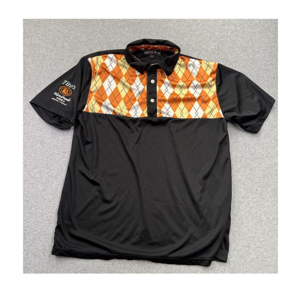 Tito's Handmade Vodka Polo Shirt Black Orange Argyle SS Logo Men's Size S